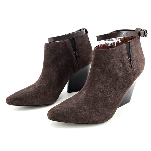 Rebecca Minkoff La Roux Brown Metallic Bootie Ankle Strap Wood Stacked Wedge 8.5 - Picture 5 of 9